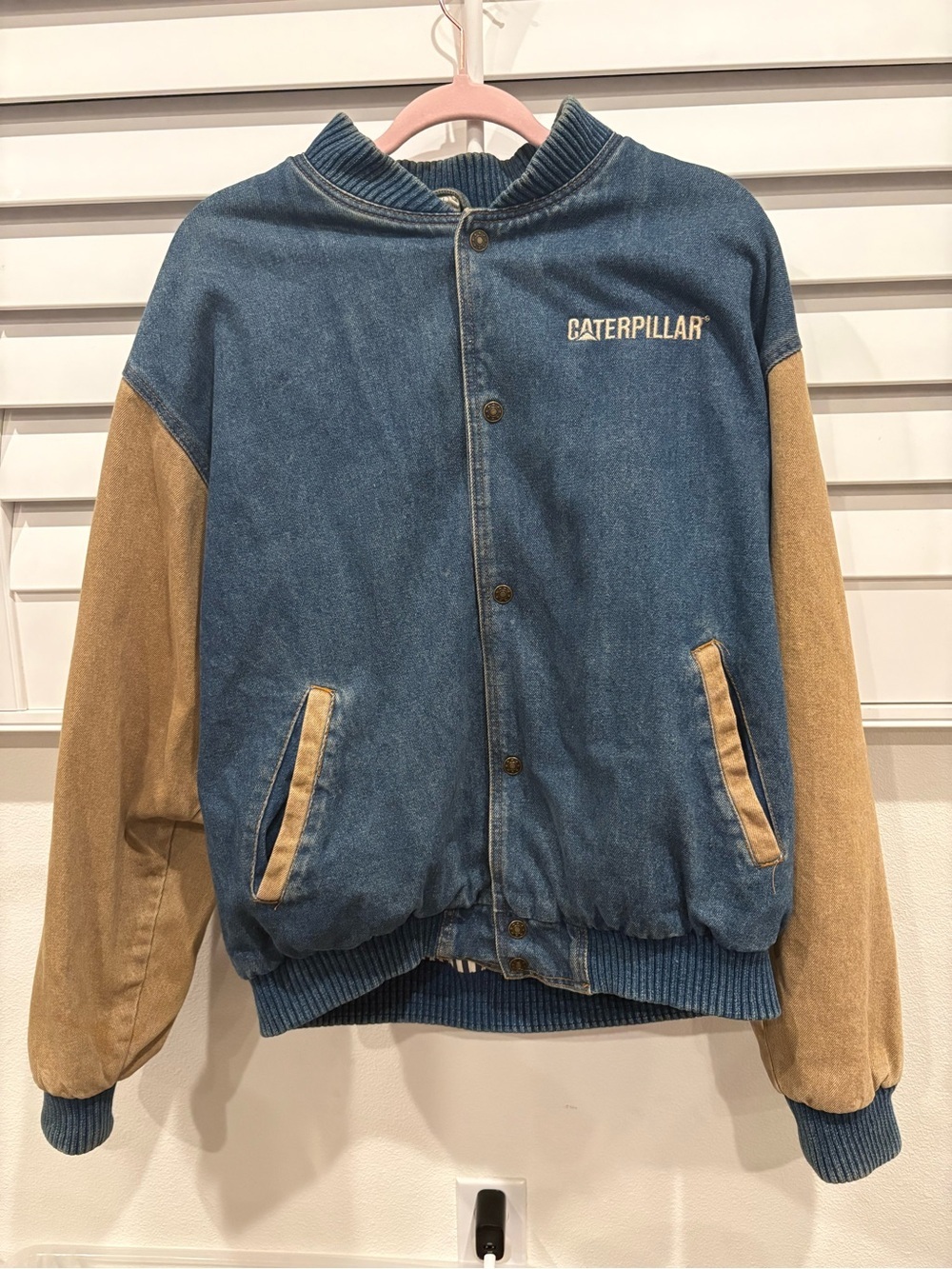 VTG Turning Point Denim Two-Tone Bomber Jacket 90s Embroidered Caterpillar Large